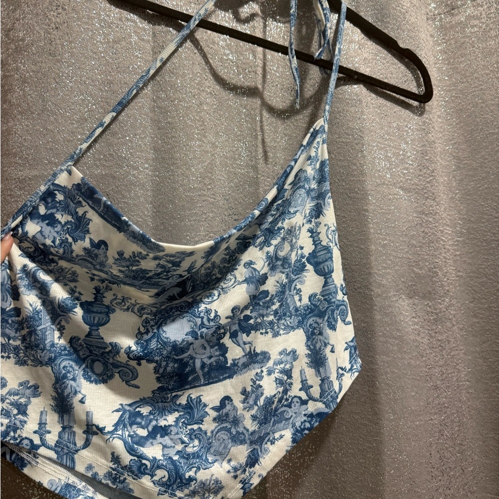SHEIN Blue and White Patterned Halter Top